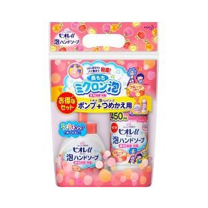 花王碧柔/BIORE弱酸性泡沫消毒洗手液 粉色 混合水果香  泵装250ml+补充装450ml